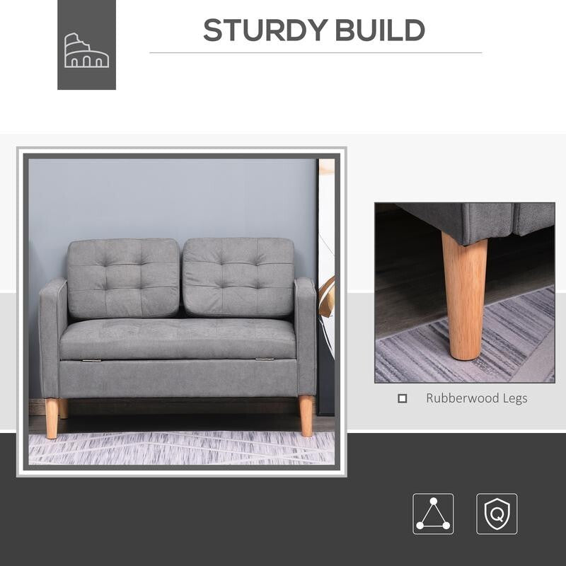 2 Seater Grey Sofa with Storage, Compact Tufted Couch, Wood Legs, 117cm