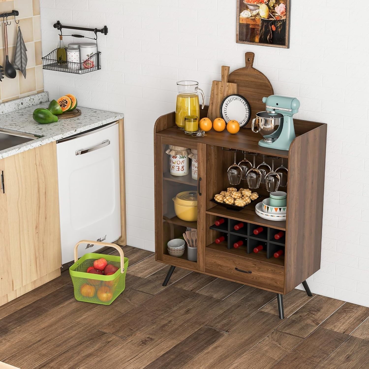 Rustic Sideboard Drinks Cabinet with Wine Rack Glass Holder Drawer Home Bar