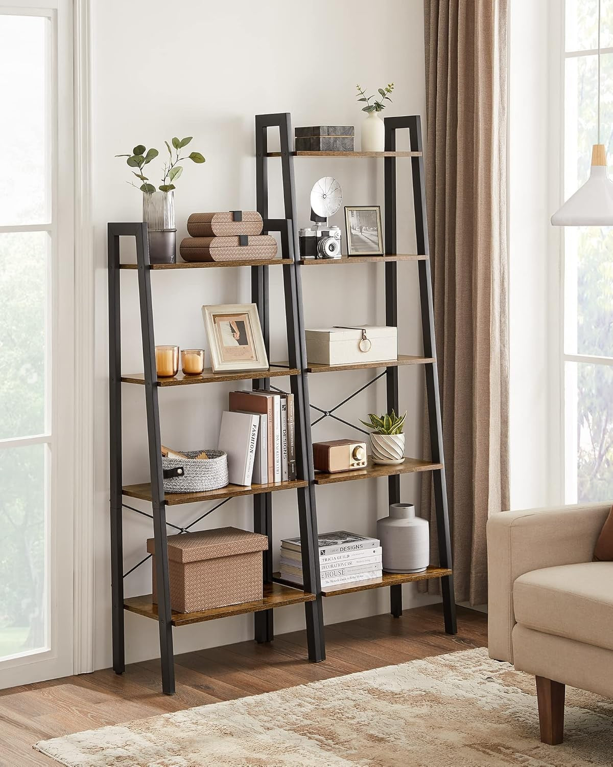 4-Tier Rustic Industrial Ladder Shelf – Brown Wood Display & Storage Unit