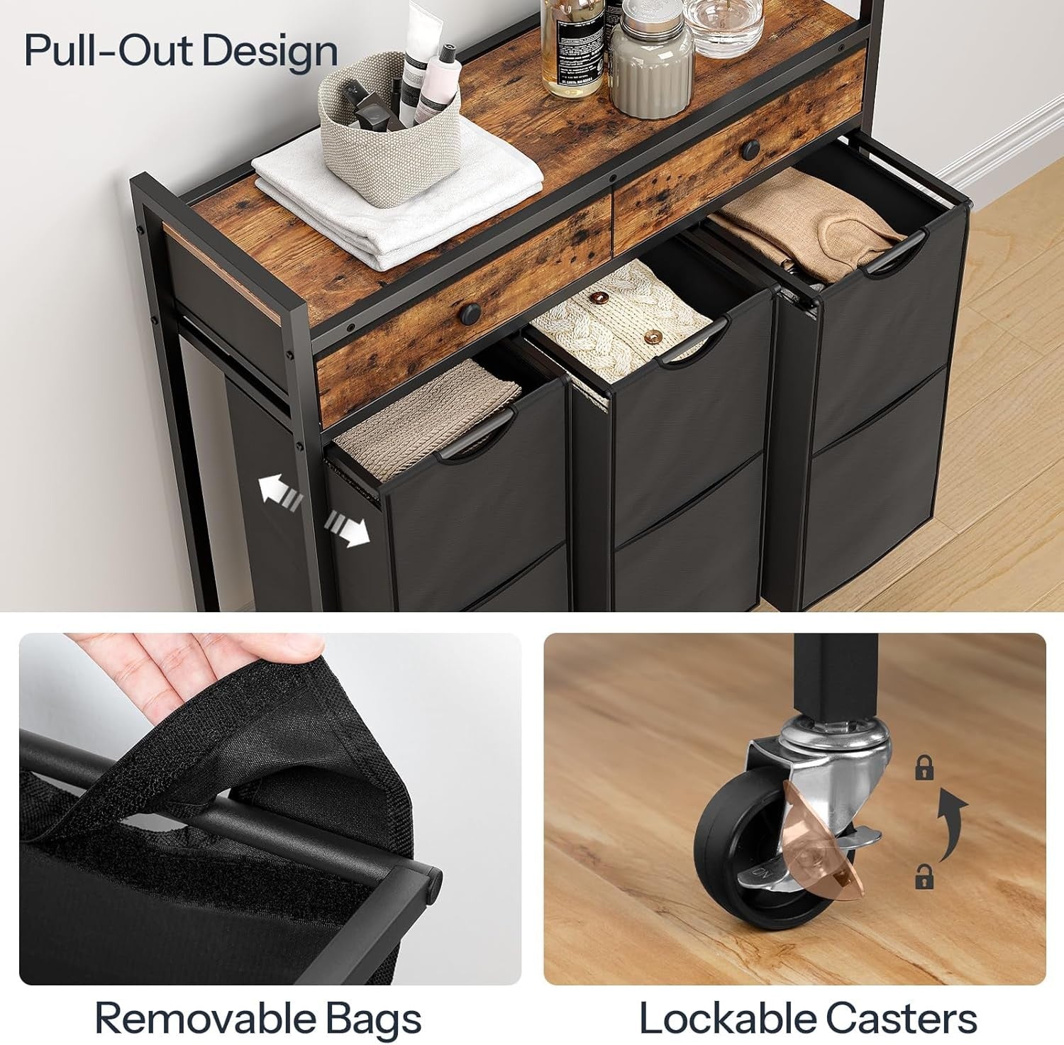 3 Compartment Laundry Sorter on Wheels Rustic Brown Black with Pull Out Bags