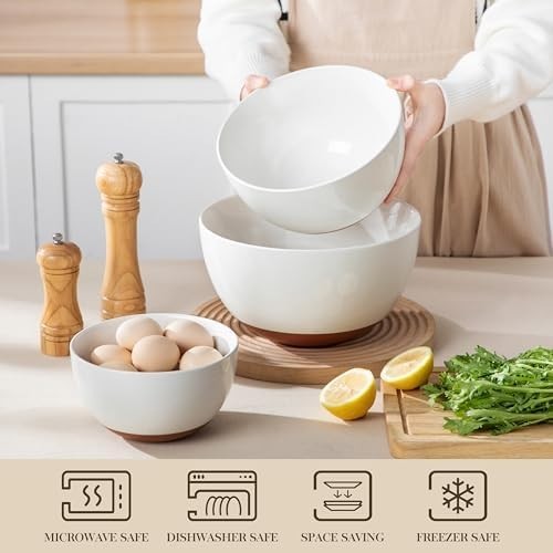 Large Ceramic Mixing Bowls Set of 3 Nesting Salad Soup Prep Bowls