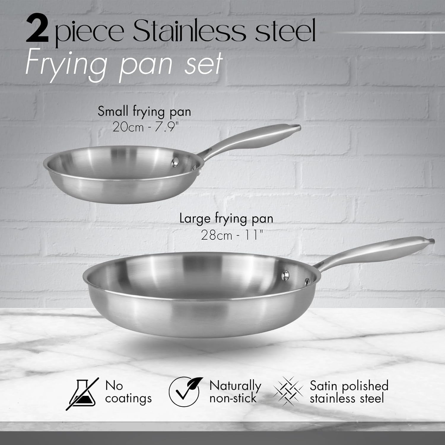 2pcs Stainless Steel Frying Pan Set Induction Tri-Ply Non Stick 20cm & 28cm
