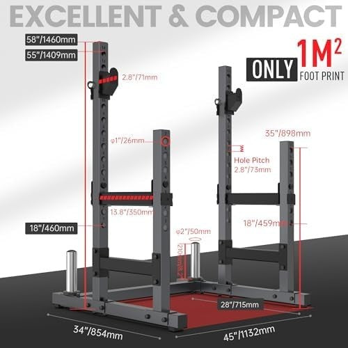 Adjustable Squat Rack Black Heavy-Duty with J-Hooks & Plate Storage