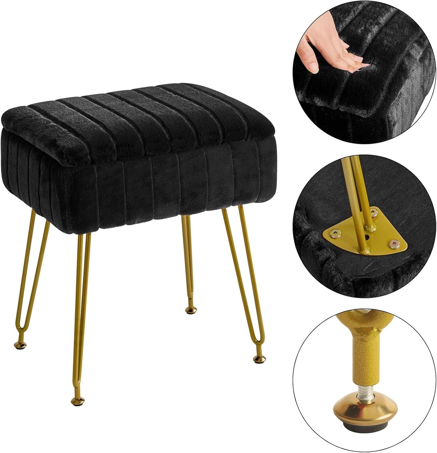 Black Faux Fur Storage Footstool – Modern Vanity Stool with Metal Legs