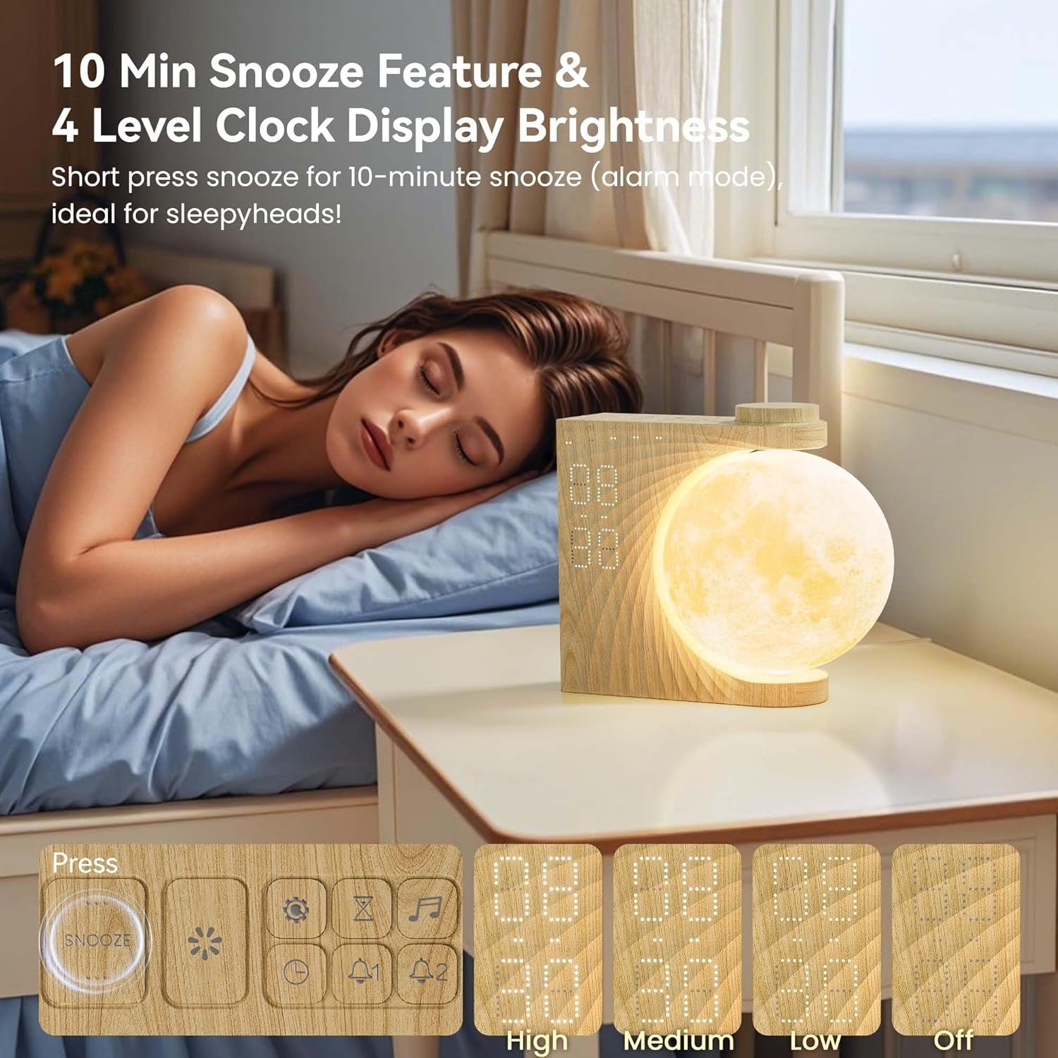 Sunrise Alarm Clock Moon Lamp Sleep Sounds Night Light Snooze Timer
