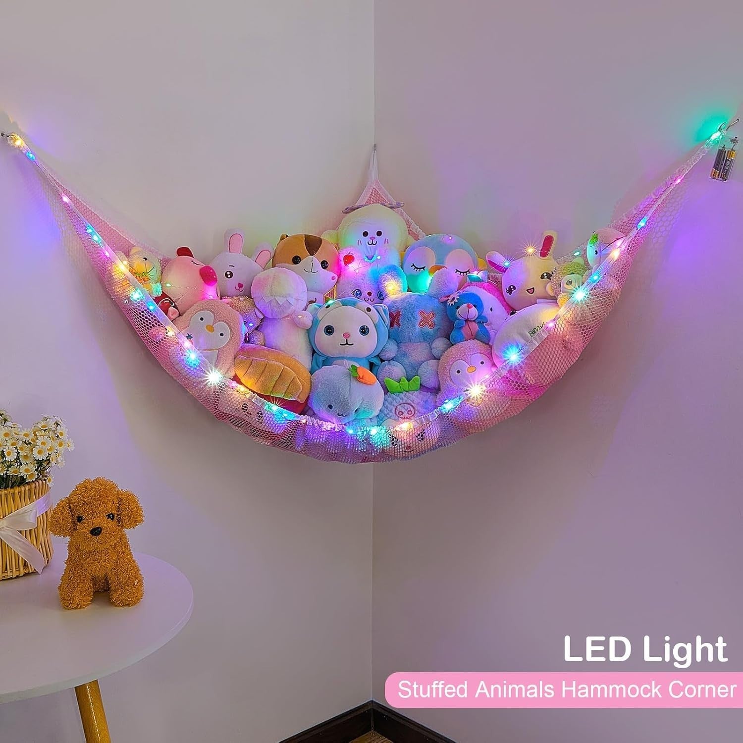 Stuffed Animal Hammock with LED Lights – Toy Storage Net for Kids Rooms