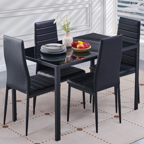 Black Glass Dining Table and 4 Faux Leather Chairs Set 120x70x75cm
