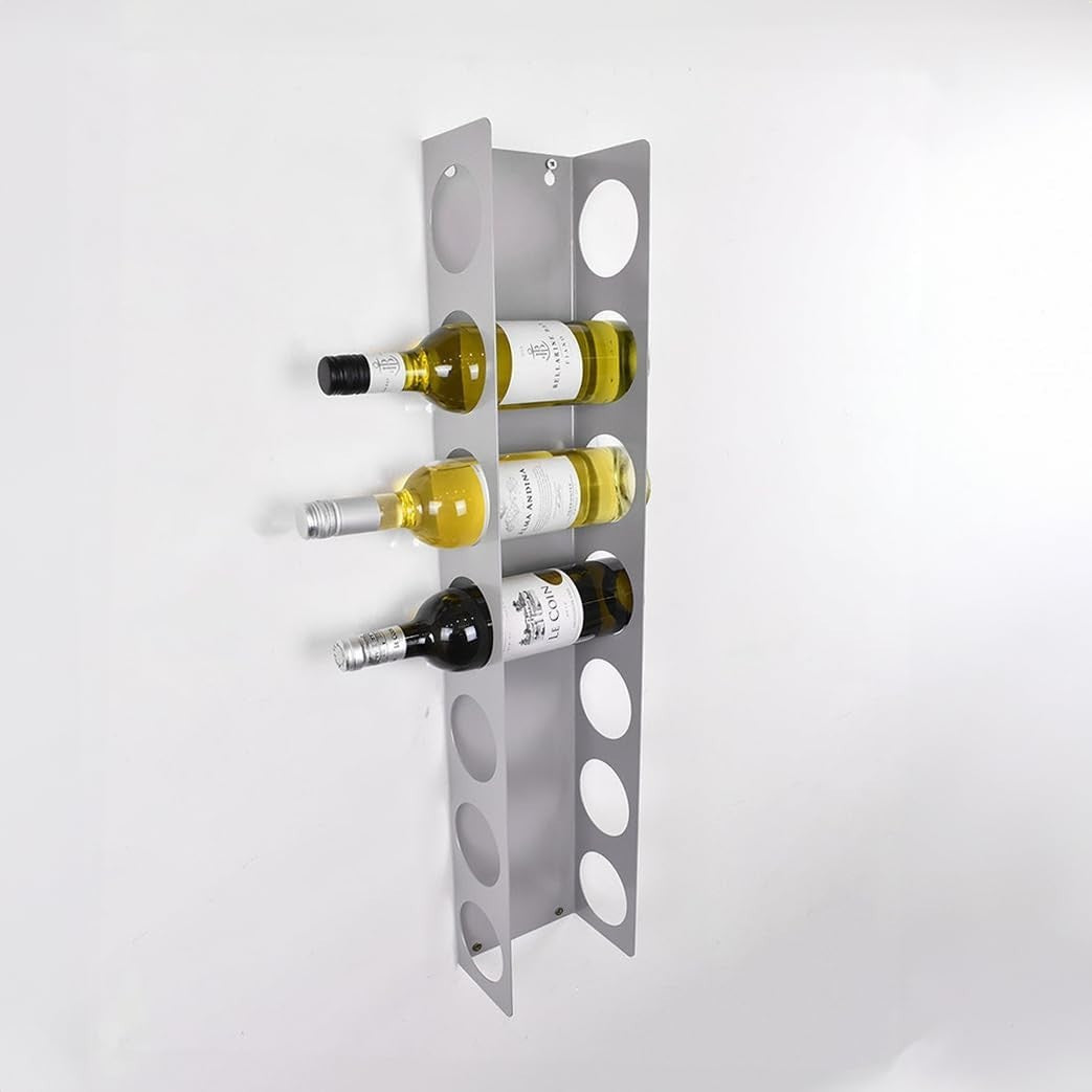 Wall Mounted Vertical Wine Rack 7 Bottle Holder Space Saving Modern Grey Steel