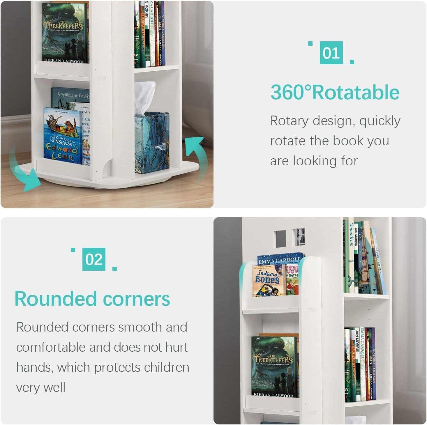 360° Rotating 3-Tier Kids Bookshelf Swivel Storage Rack for Bedroom Office