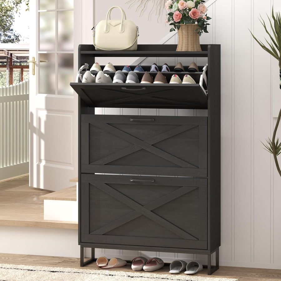 Slim Black Shoe Cabinet 3 Drawer Fold Rack 80cm Wide Entryway Storage