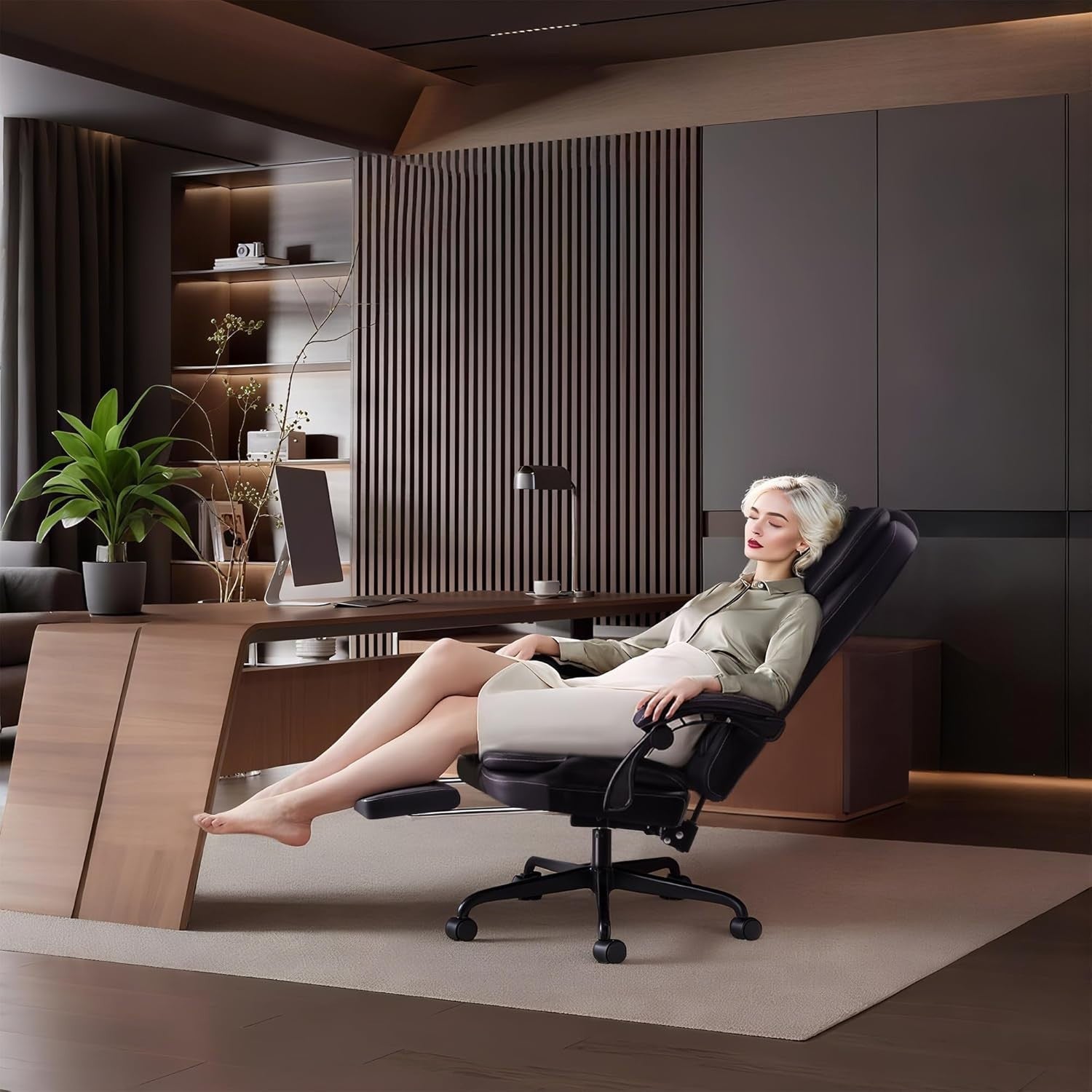 Ergonomic Executive Office Chair Adjustable Height Upholstered Leather Foot Rest