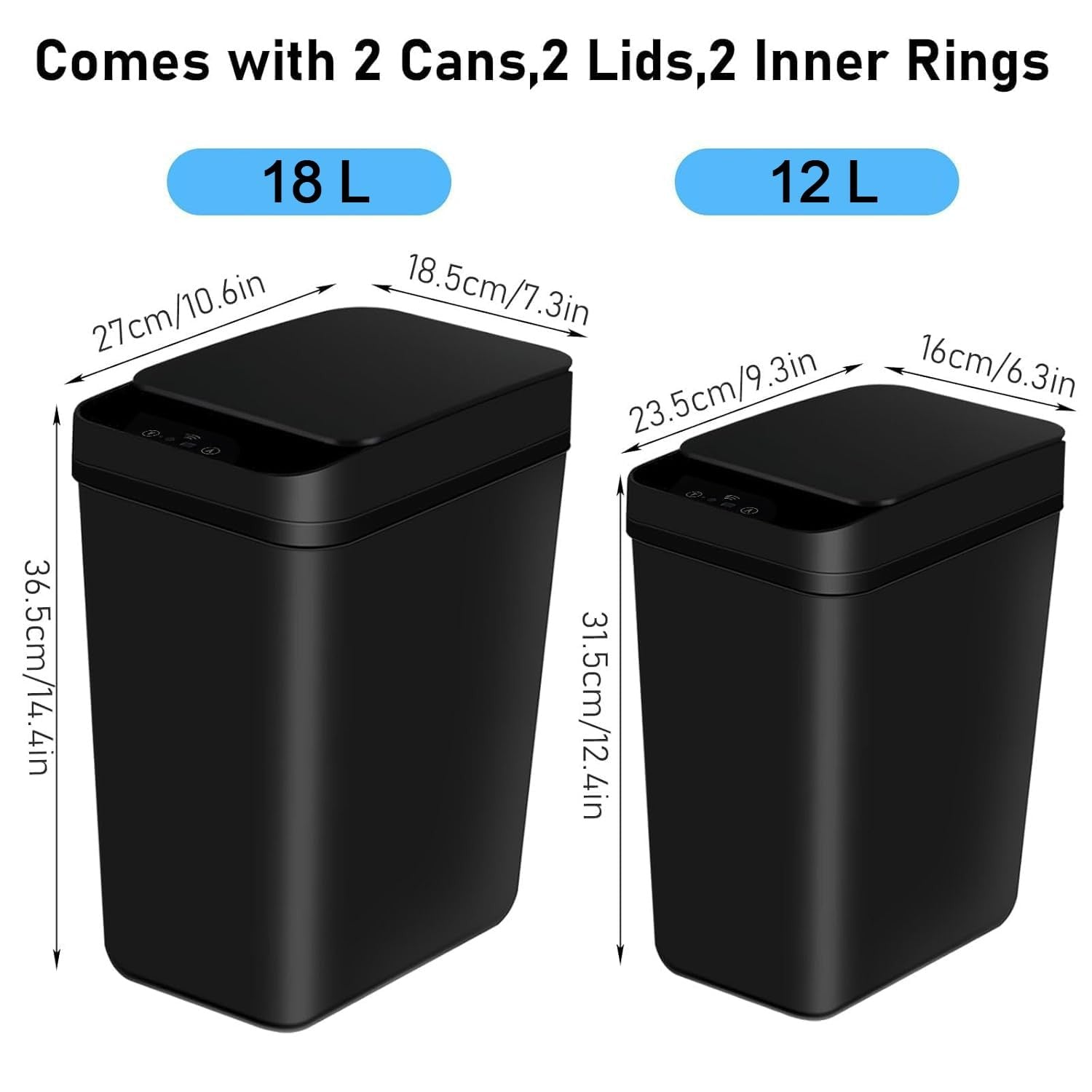 2 Pack Touchless Motion Sensor Bins 12L & 18L Slim Black