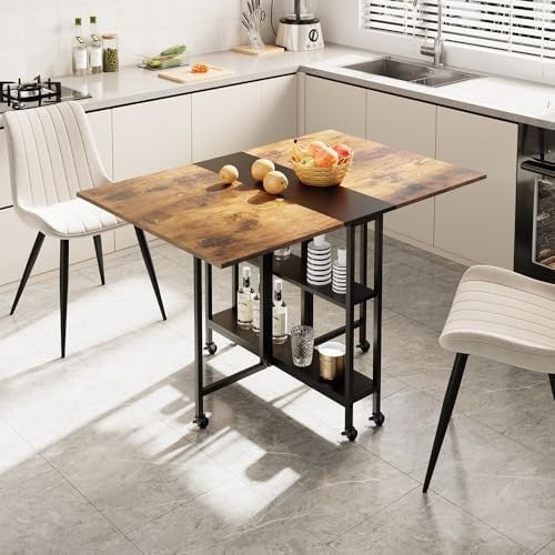 Foldable Space Saving Dining Table with Storage Shelves & Wheels for Small Rooms