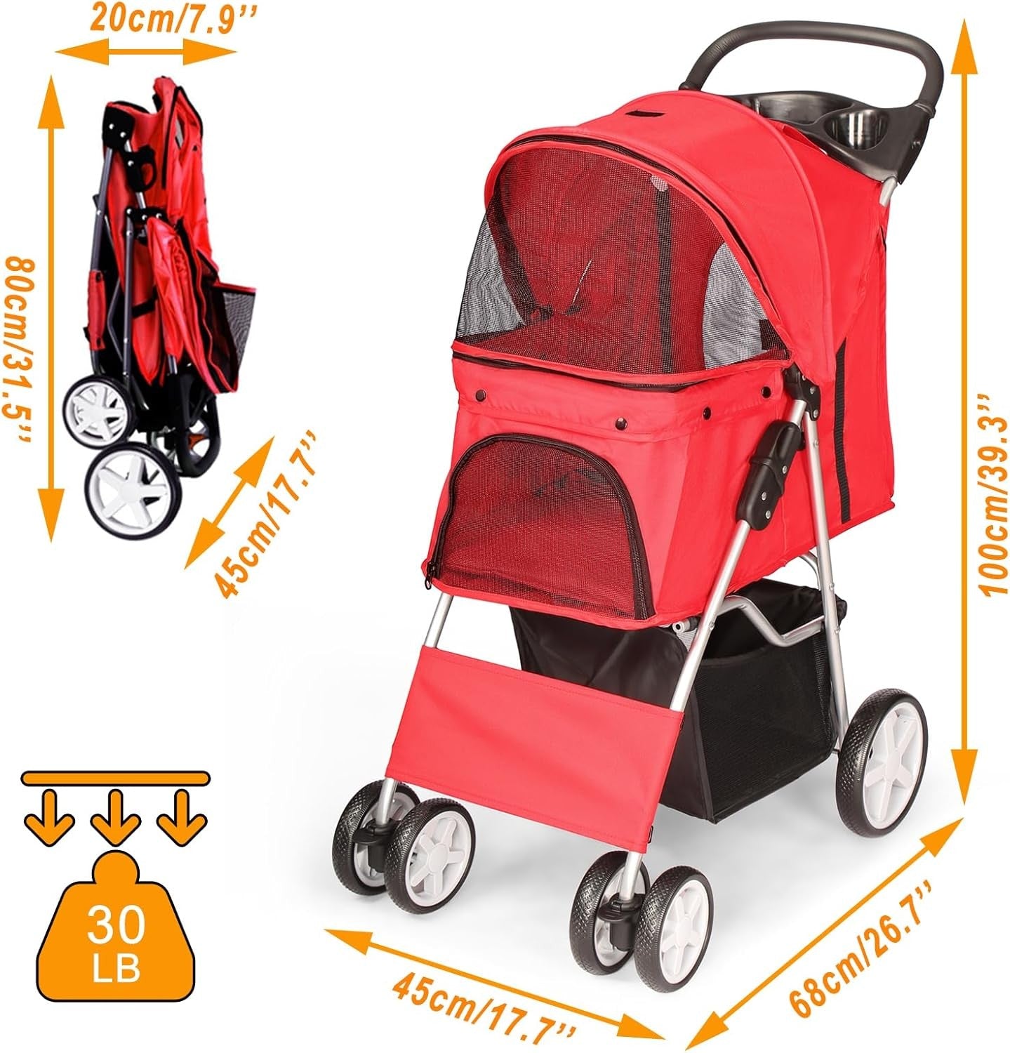 Pet Travel Stroller Dog Cat Pushchair 4 Wheel Folding Pram Jogger Red
