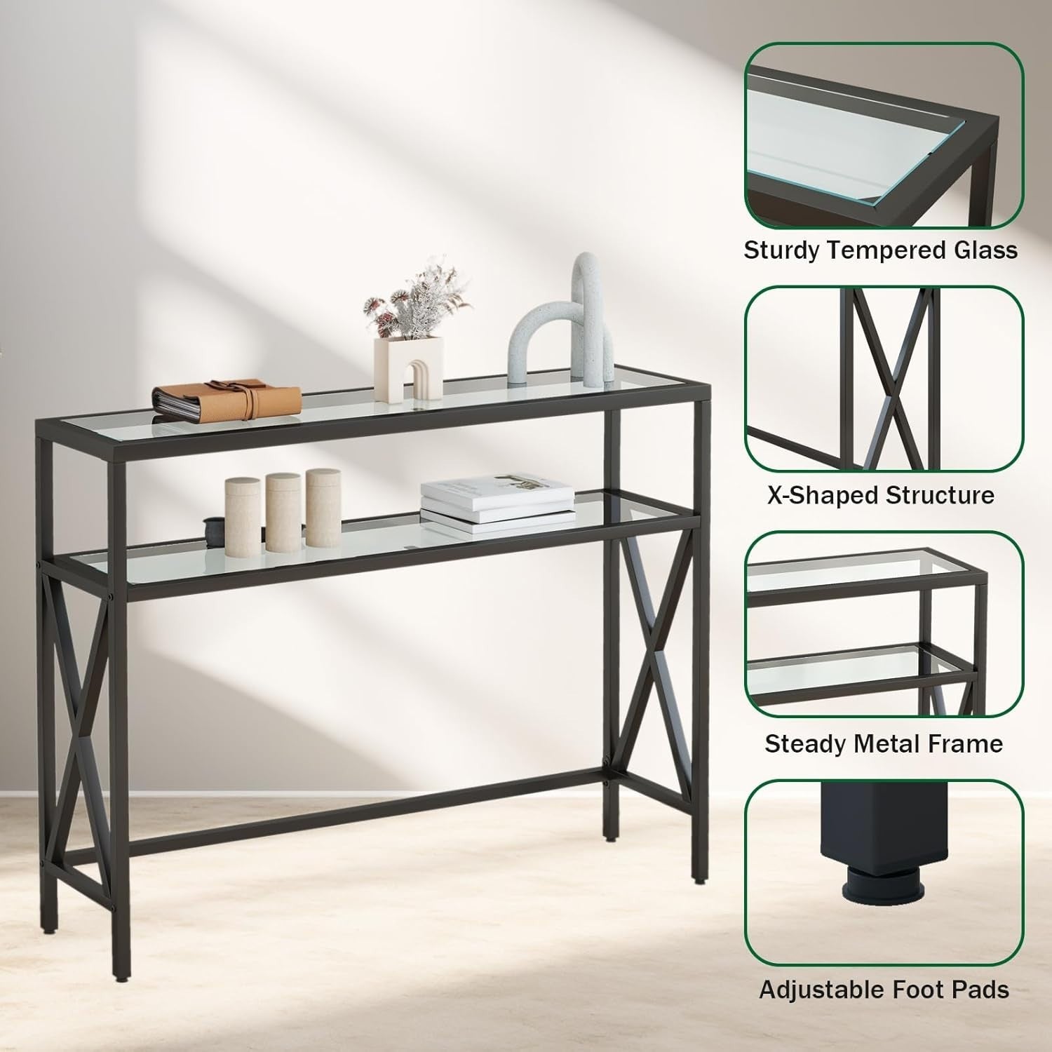 Tempered Glass Console Table Industrial Entryway with Shelves & Adjustable Feet