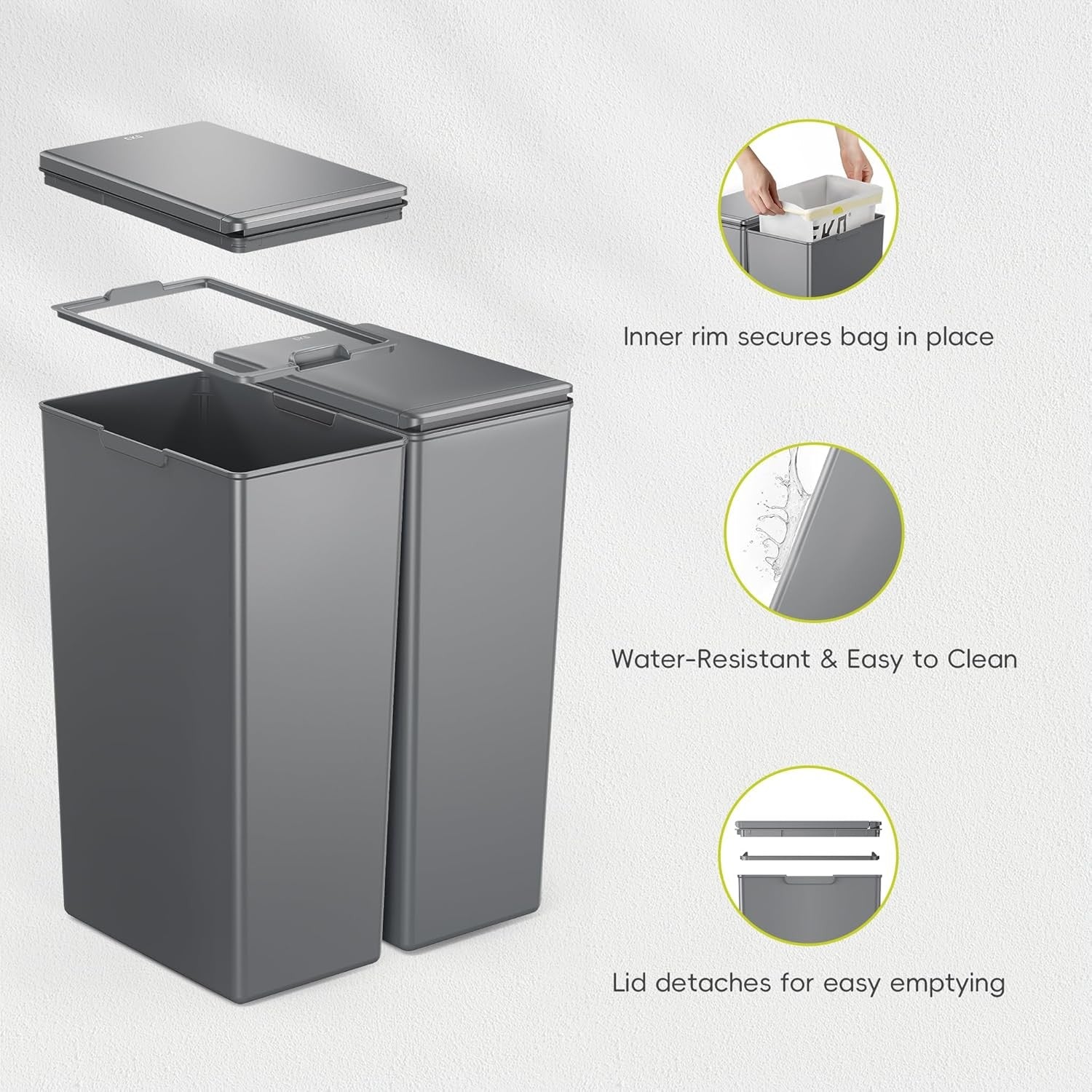 80L Double Kitchen Recycling Bin 2x40L Touch Lid Slim Grey Set