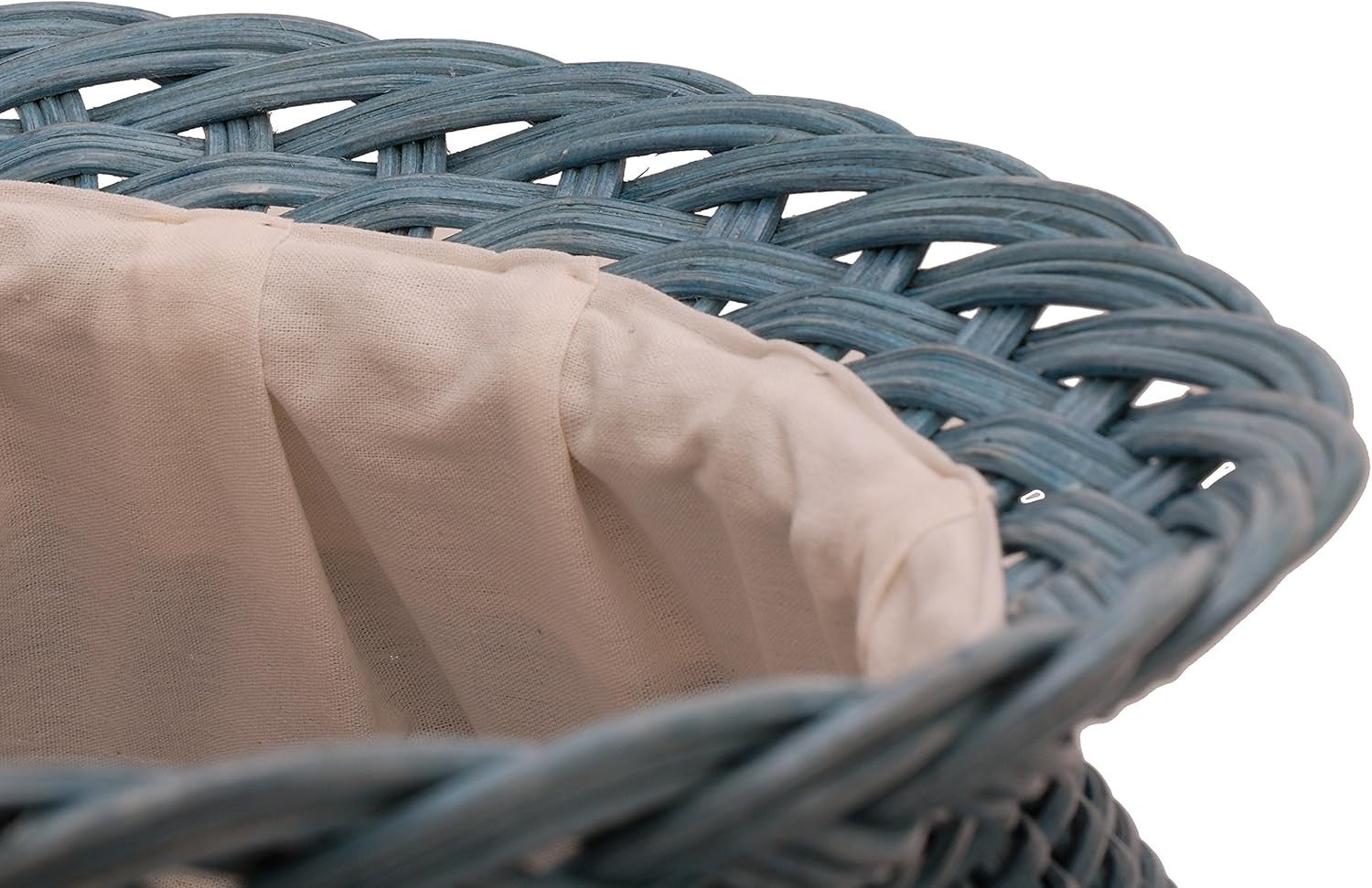 Round Rattan Laundry Basket with Lid 59cm Tall Handmade Woven Hamper Blue