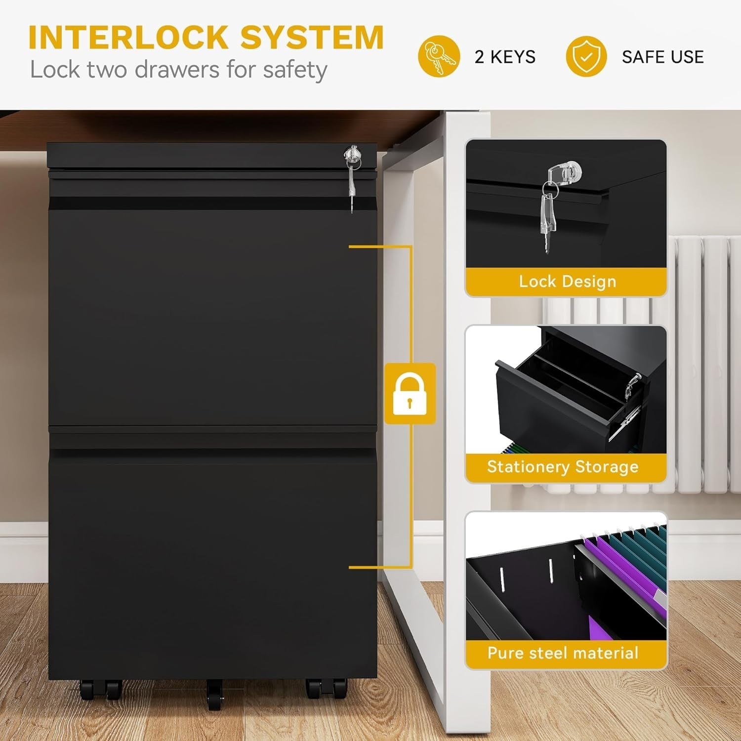 Black Mobile Filing Cabinet 2 Drawer Lockable Anti Tip Under Desk