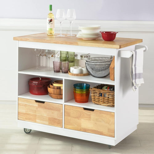 Kitchen Storage Trolley Island with Rubber Wood Worktop, Drawers & Wheels, 118x5