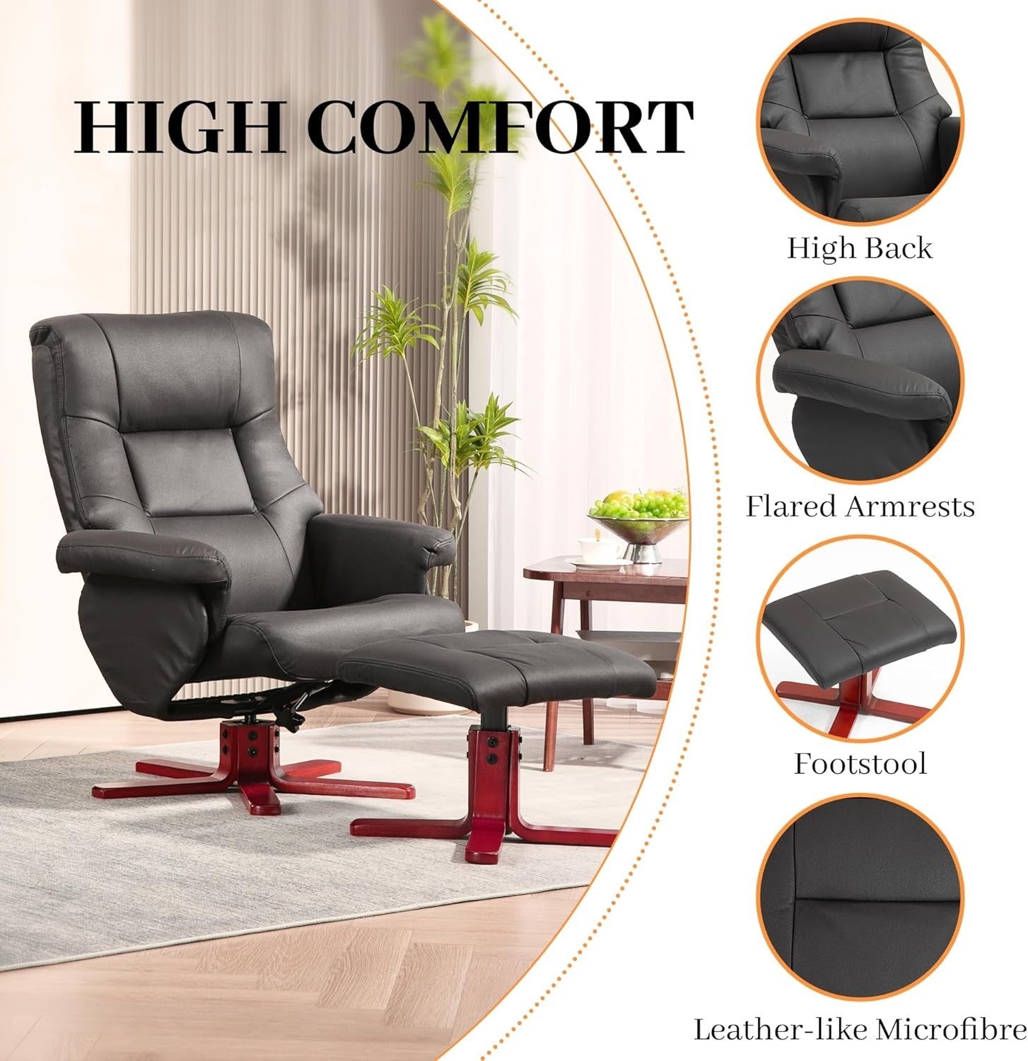 Black Recliner Armchair with Footstool Adjustable Lounge Chair for Bedroom