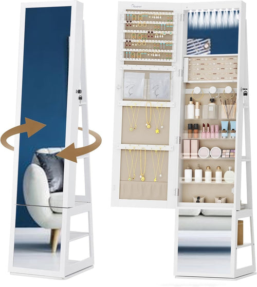 360° Rotating Mirror Jewellery Cabinet Lockable LED Storage Organizer