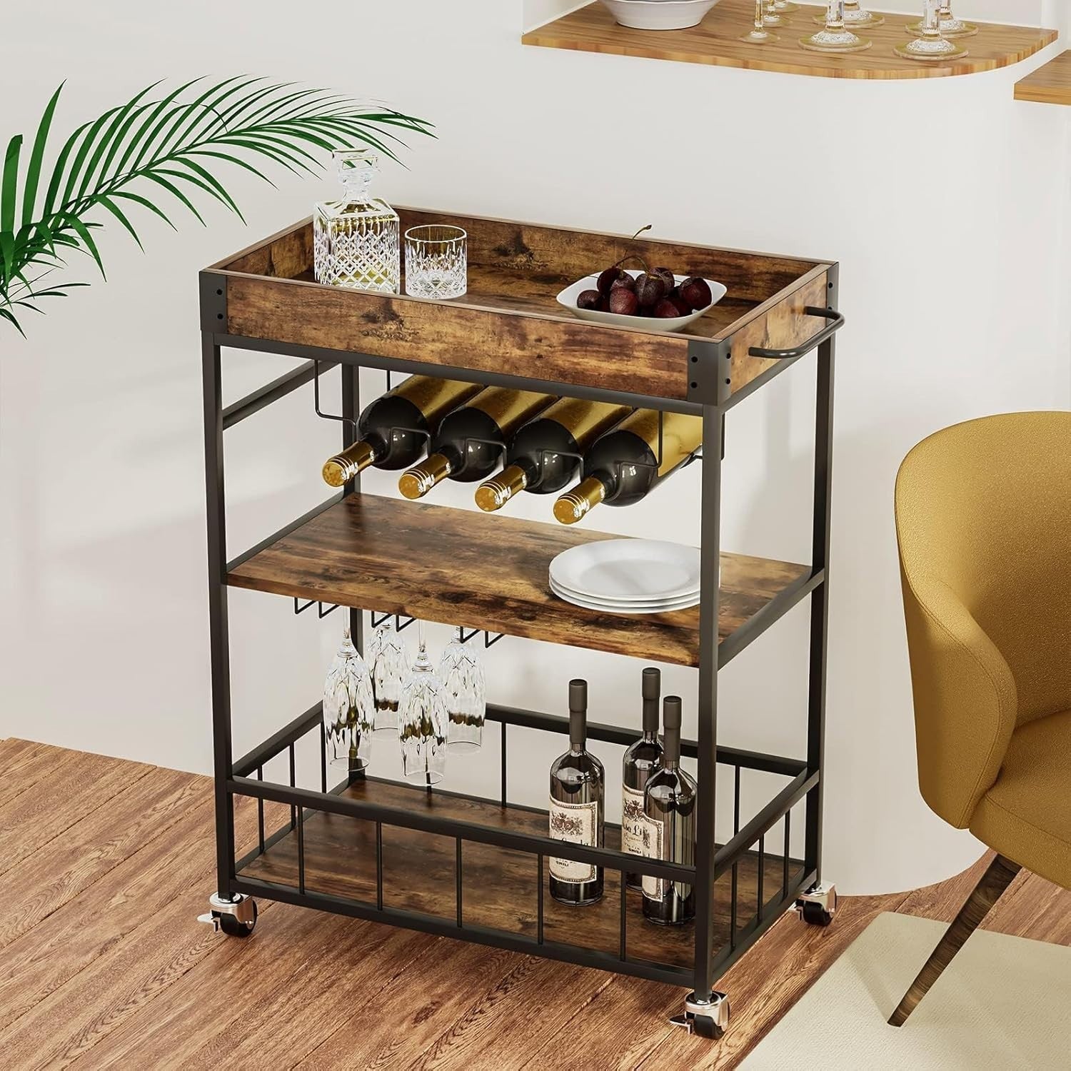 3 Tier Bar Cart Drinks Trolley with Wine Rack & Glass Holder
