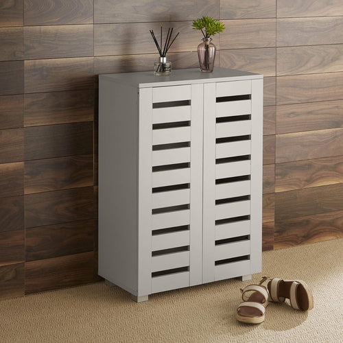 Grey Wooden Shoe Cabinet with Slatted Doors, 2 Door Storage Cupboard Unit