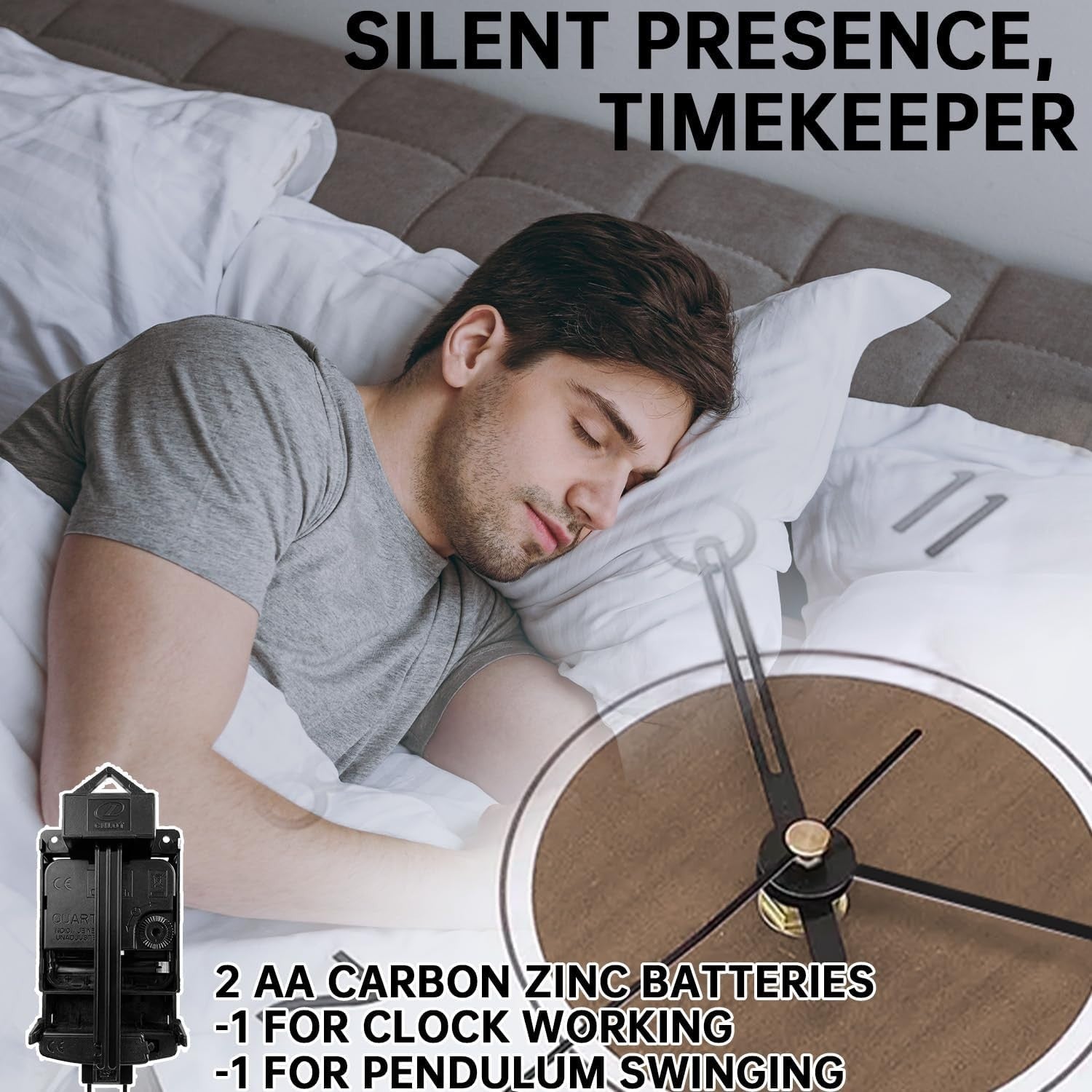 Silent Large Wall Clock with Pendulum, Quartz Battery Operated, Modern Decor