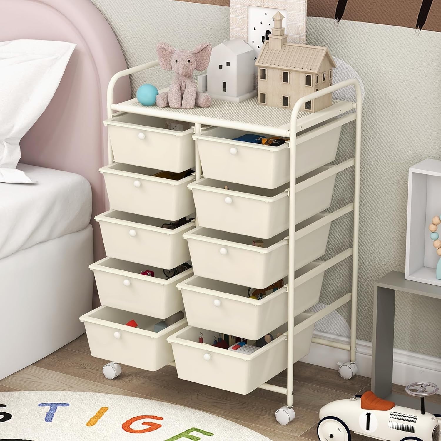 White 10 Drawer Rolling Storage Cart Utility Organizer Trolley Wheels