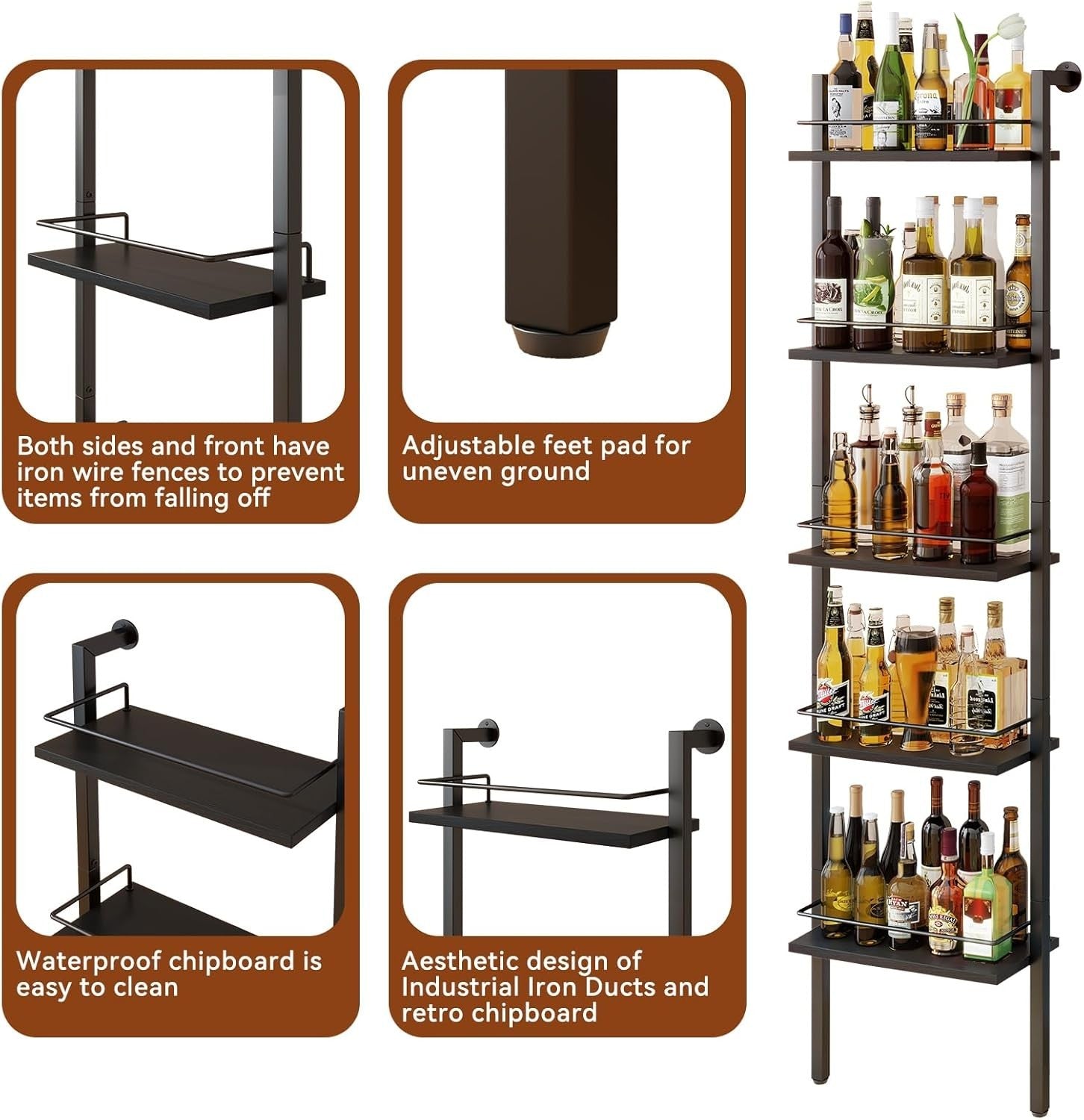 5-Tier Tall Wine Rack Bottle Storage Shelf Wall Mounted Freestanding Bar