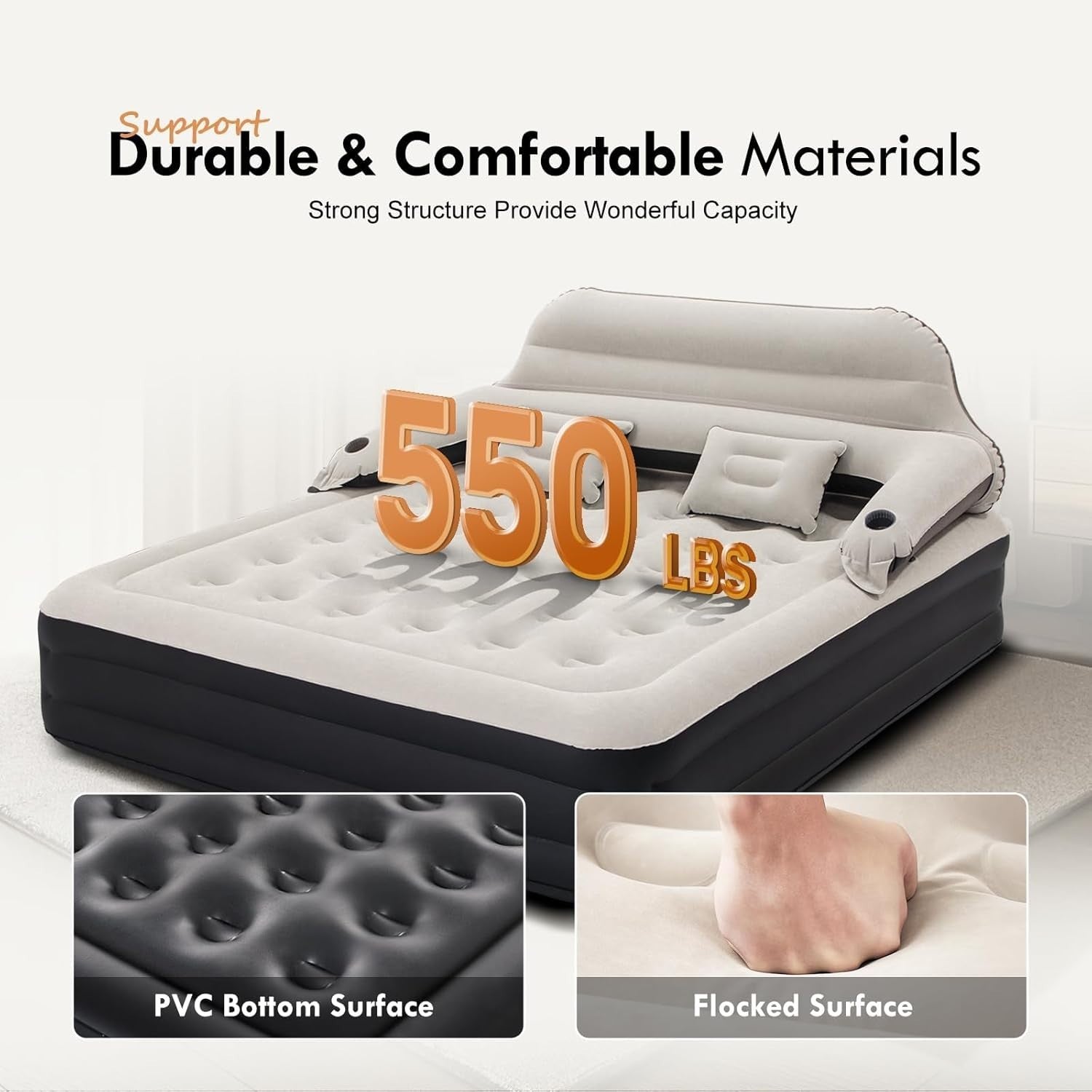 King Size Inflatable Air Bed Mattress w Headboard Pillows Fast Pump