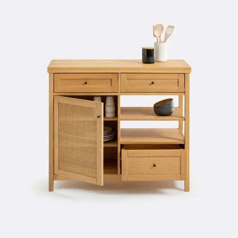 Solid Pine & Rattan Storage Cabinet with Drawers & Shelves