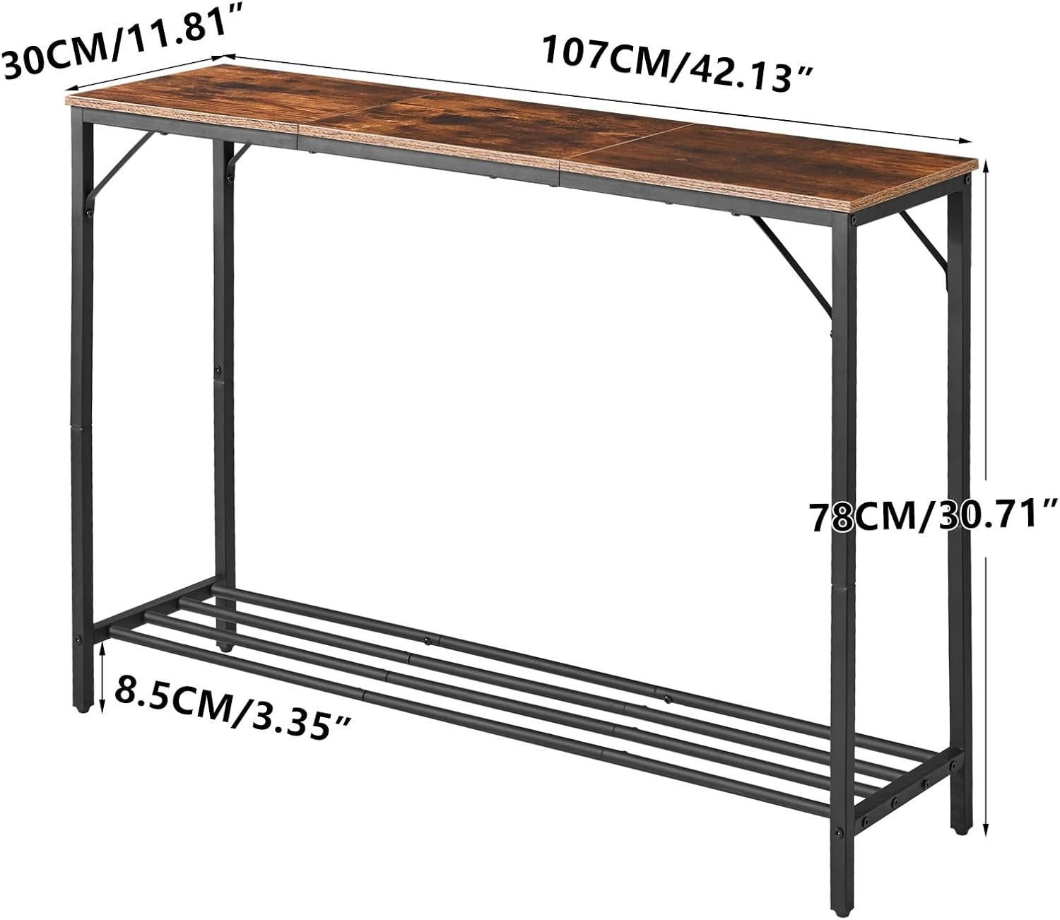 Rustic Brown Slim Console Table 107cm Metal Frame Sofa Hallway Table