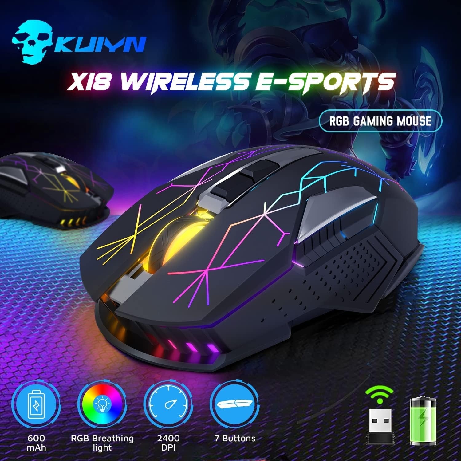 Wireless Gaming Mouse RGB Rechargeable 2400 DPI Silent 2.4G