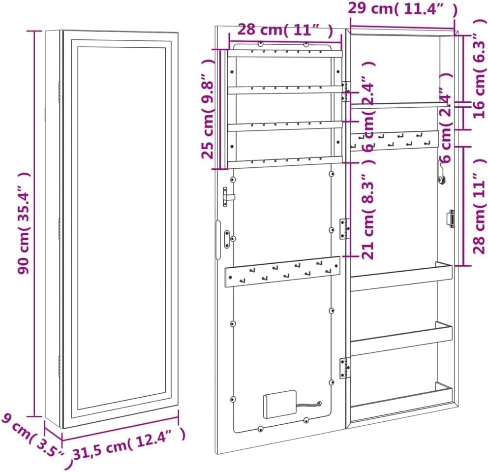LED Wall Hanging Jewelry Armoire Mirror Lockable Slim Storage Black