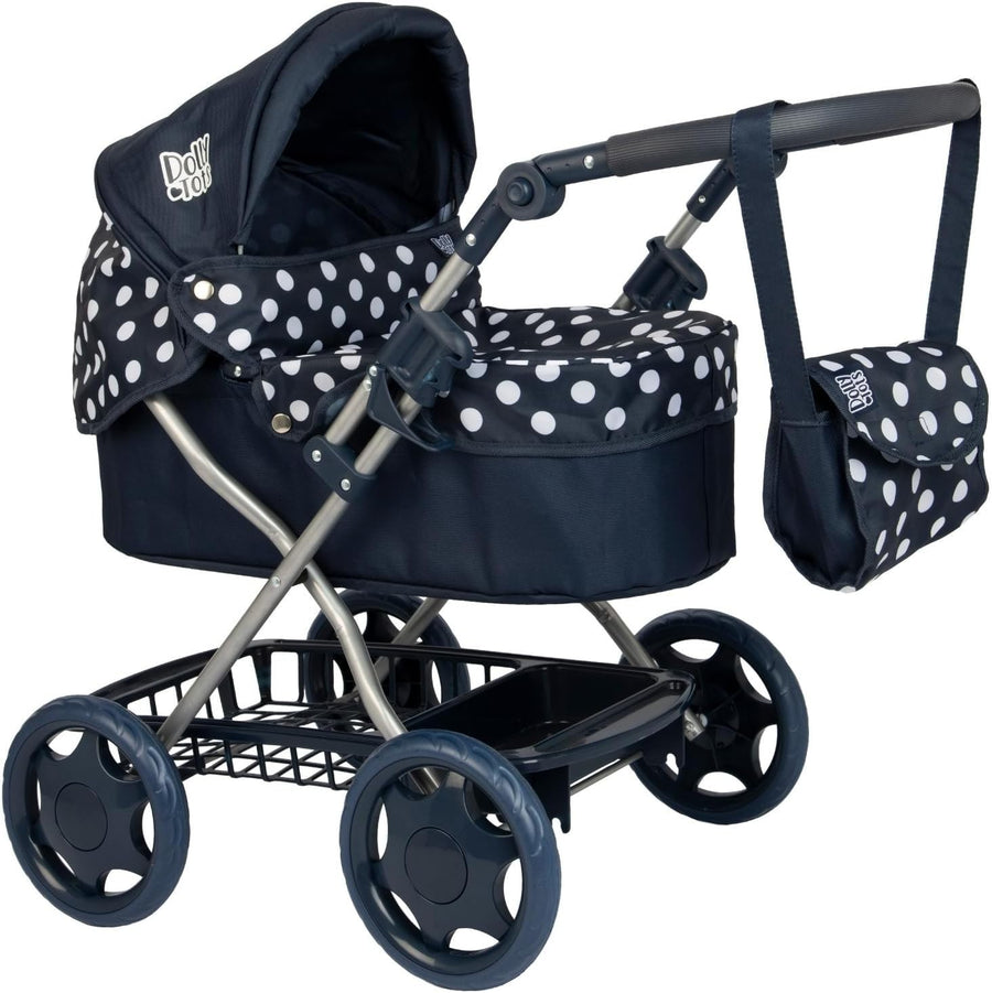 Cherish Dolls Pram Navy & White Foldable Stroller Adjustable Handle 3+
