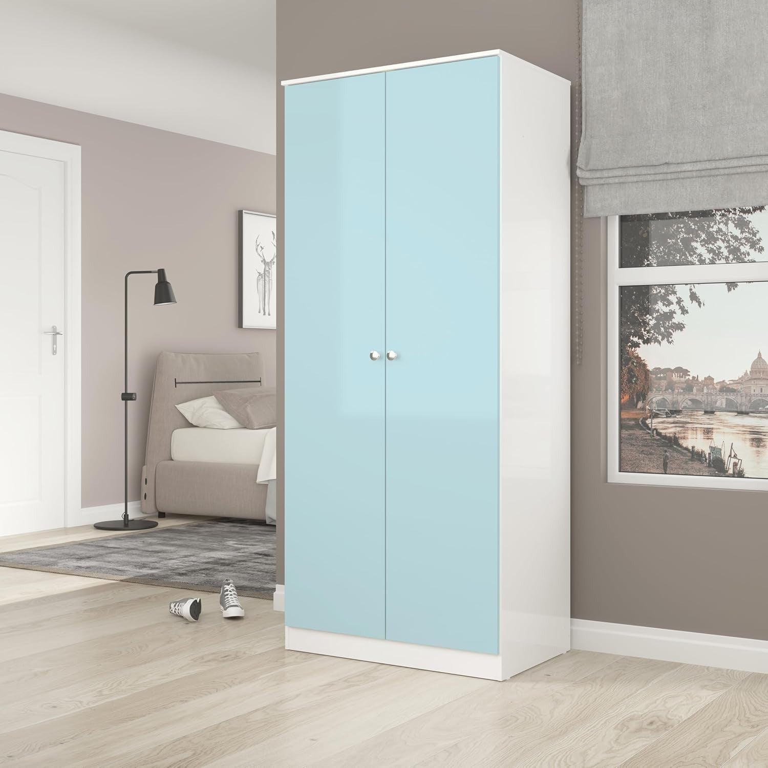 2 Door Gloss Wardrobe Blue White Compact Clothes Storage Modern Design