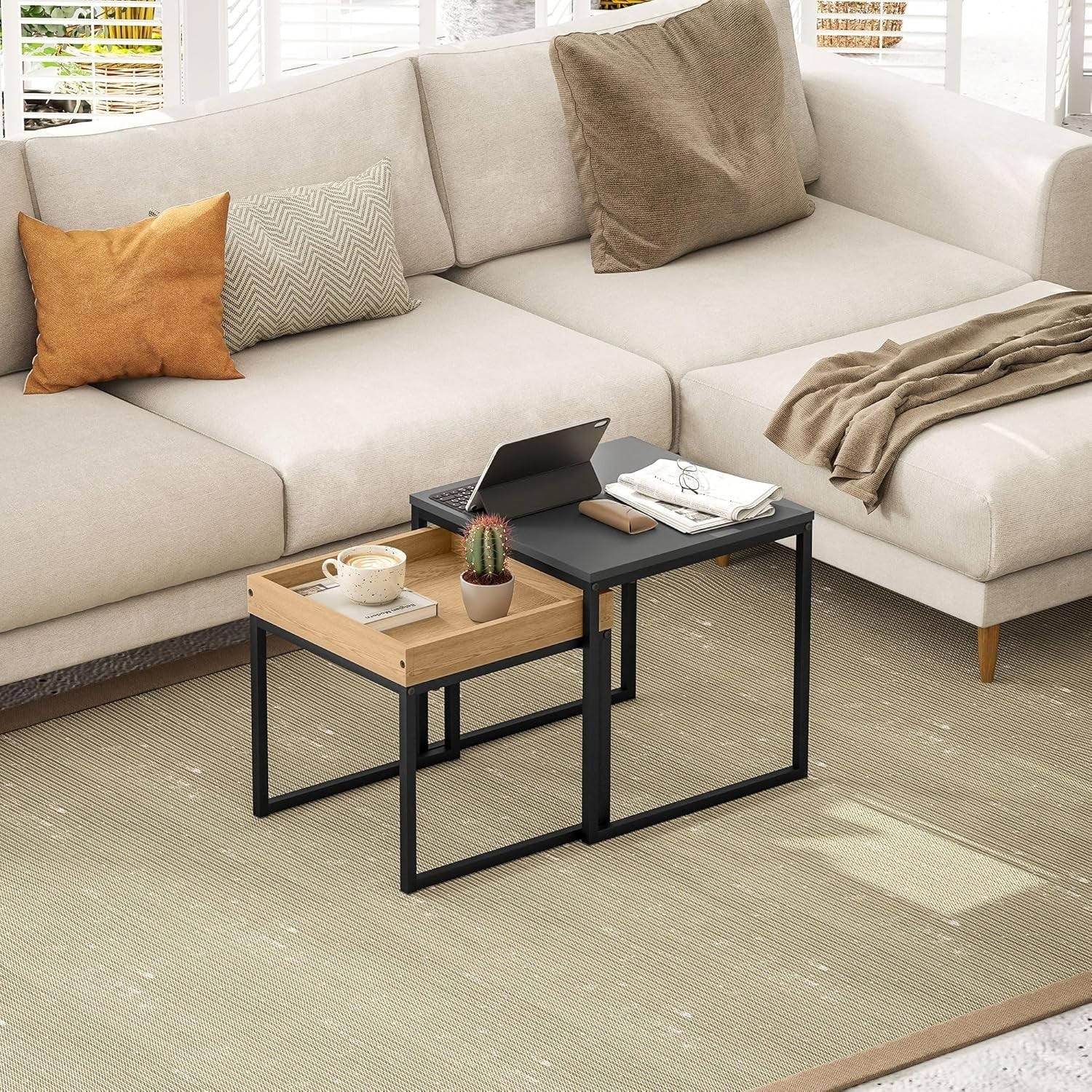 Square Nesting Coffee Side Tables Set, Black & Wood Effect, Steel Frame 30kg Max