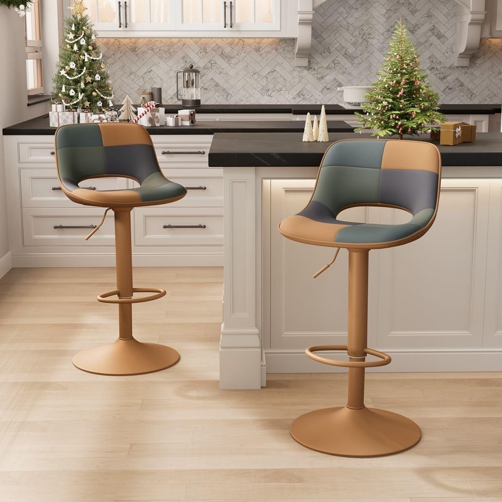 Adjustable Swivel Bar Stools 2pcs Faux Leather Counter Height Tan