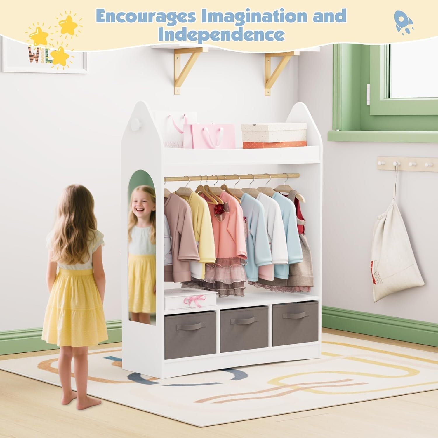 Kids Wardrobe Dress Up Storage with Mirror Costume Rail Closet Armoire White