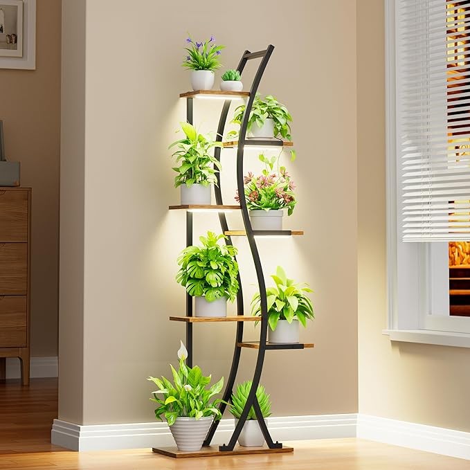 7 Tier Metal Plant Stand with Grow Light Indoor Outdoor Corner Tall Flower Shelf
