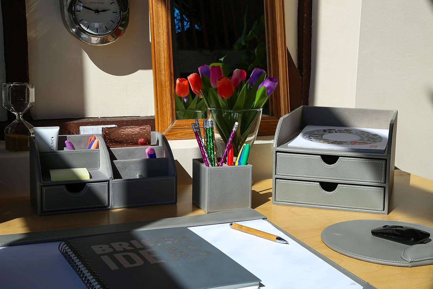 Grey Faux Leather 2-Tier Desk Paper Sorter A4 Document Organiser