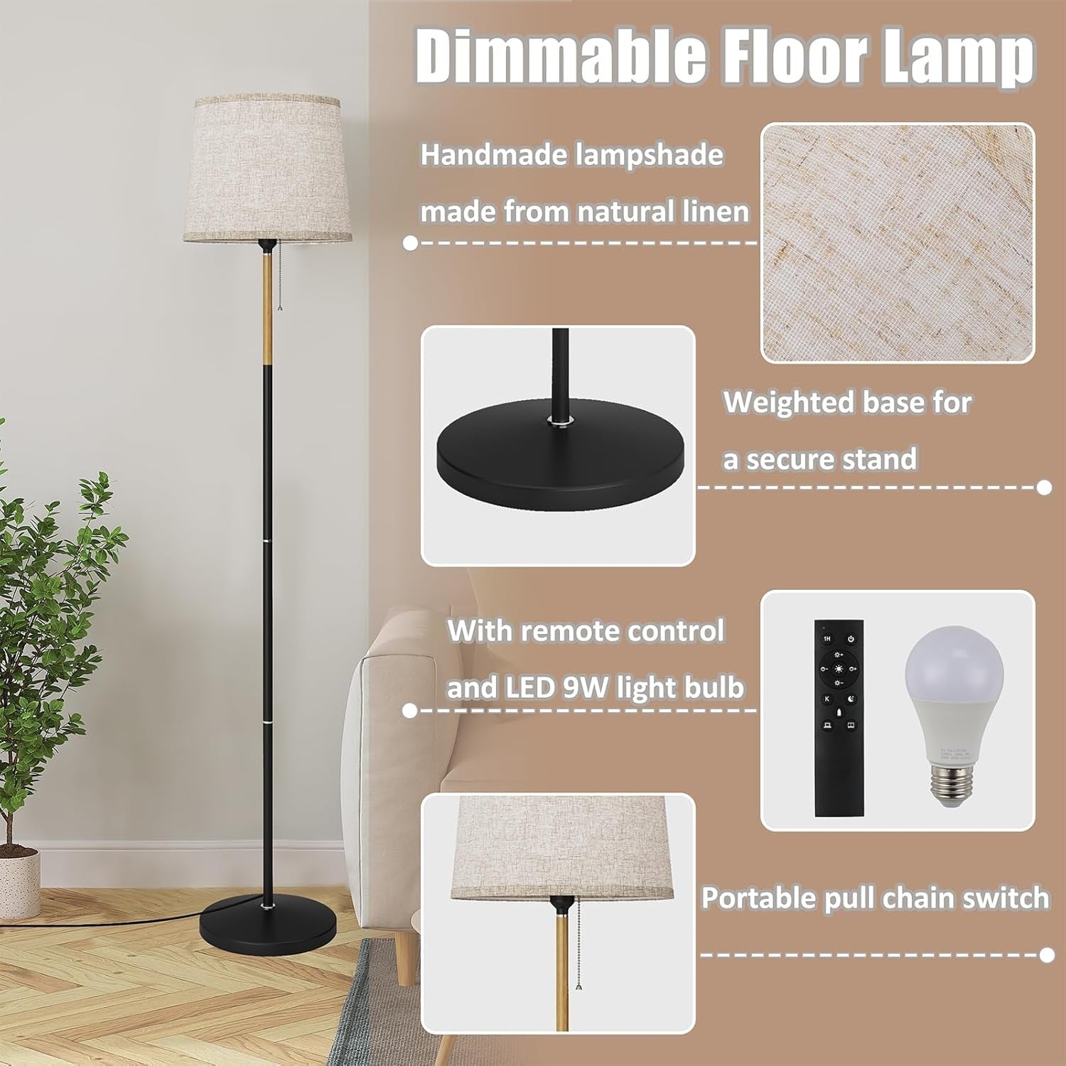 Dimmable Floor Lamp with Remote Linen Shade 3 Color Standing Light 67 Inch