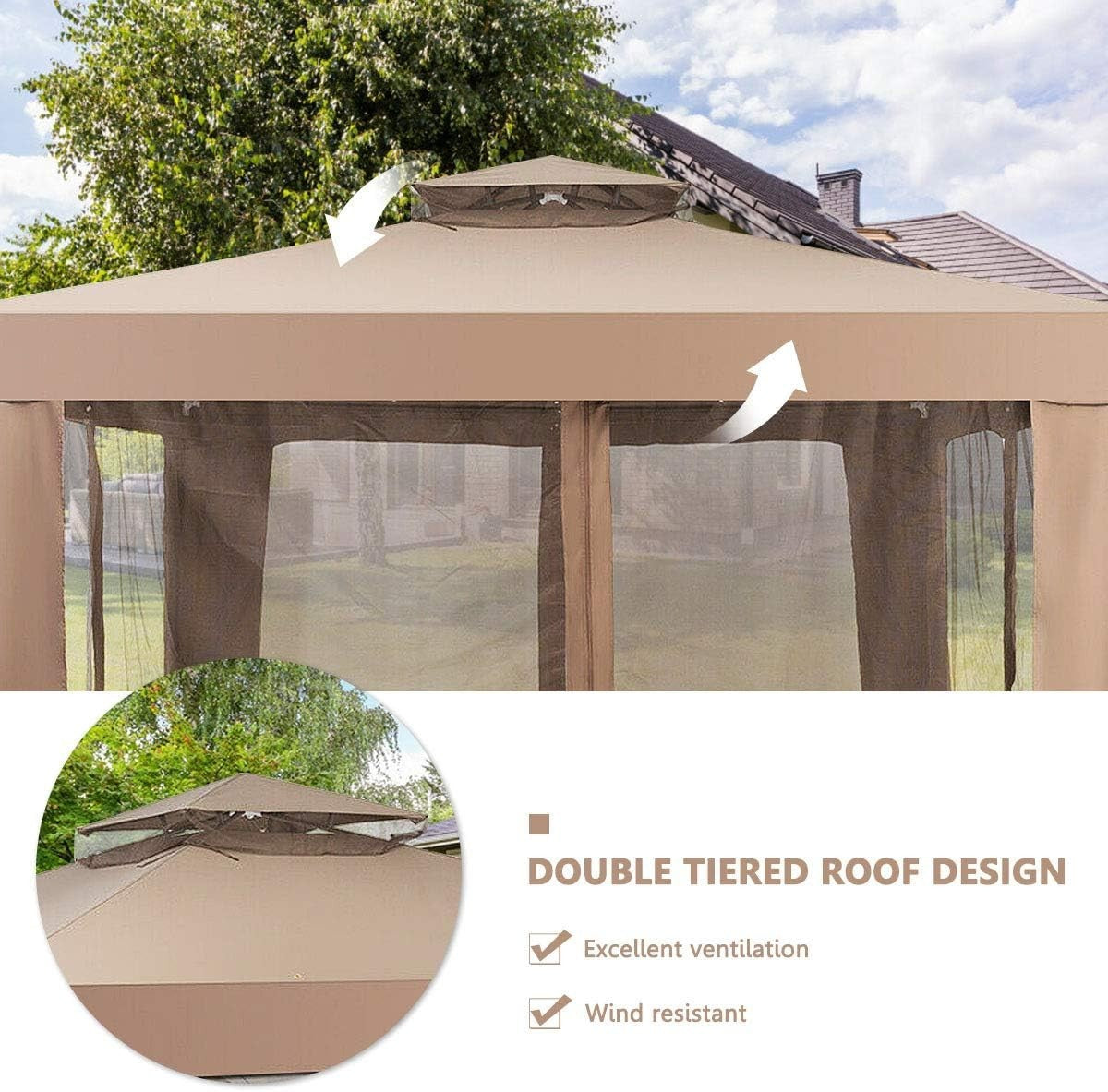 3x3M Brown Outdoor Gazebo With Zipped Mesh Sidewalls Double Roof Patio Tent