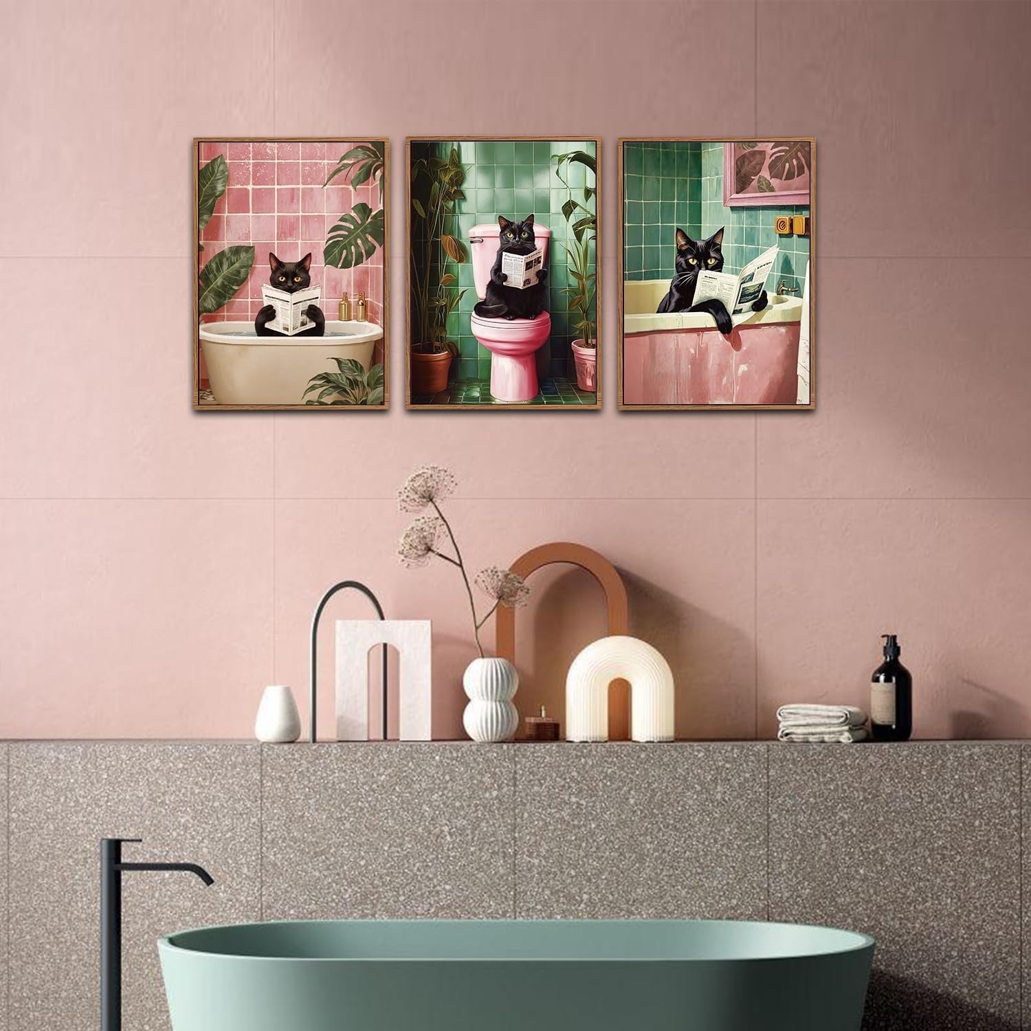 Funny Black Cat Bathroom Framed Canvas Wall Art Set 3 Pink Green Toilet Decor