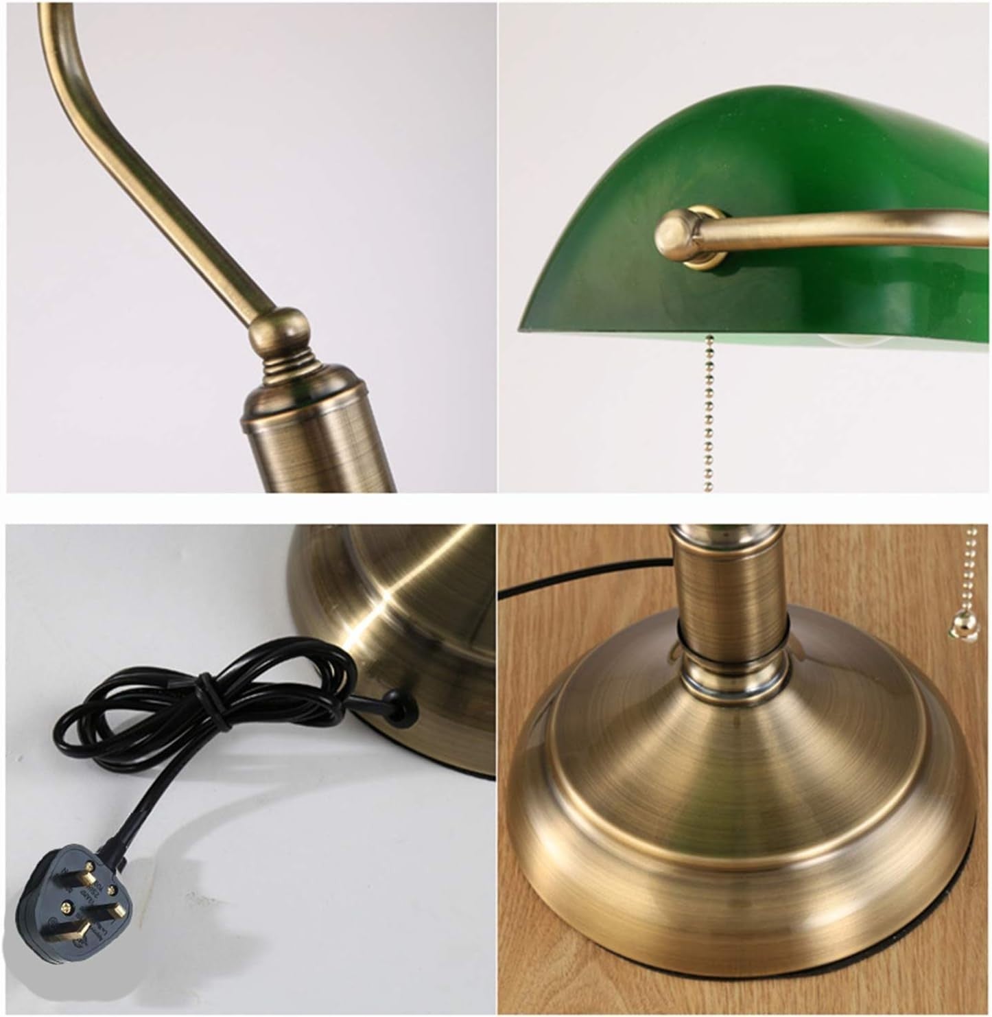 Green Glass Bankers Desk Lamp Brass Base Retro Style Adjustable Pull Chain