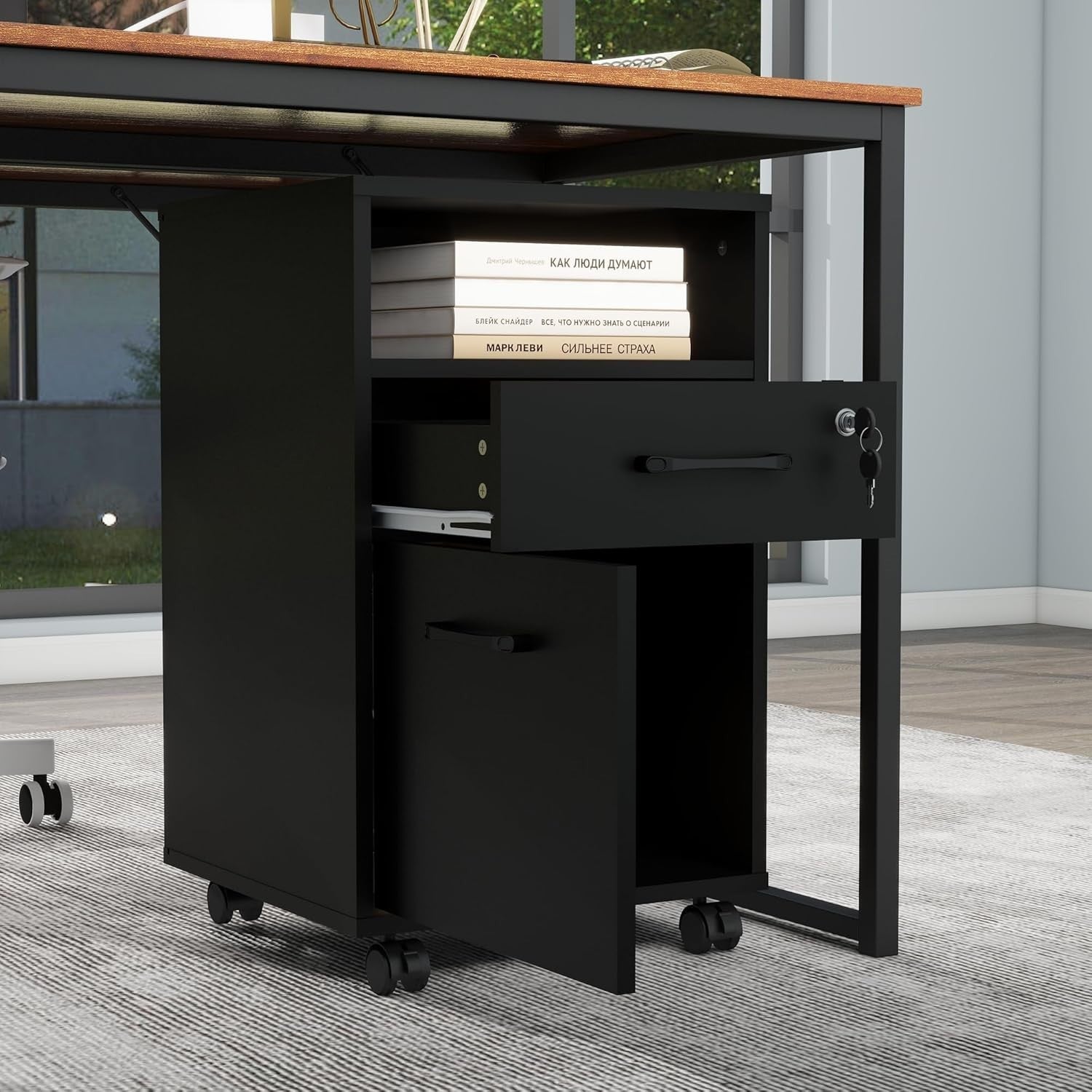 Black Mobile Filing Cabinet Lockable Drawer Printer Stand Under Desk