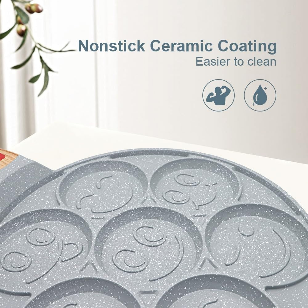 7-Hole Kids Pancake Pan Non-Stick Ceramic w/ Detachable Handle Blue Induction