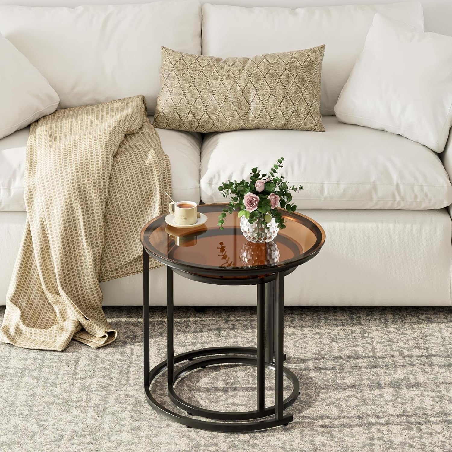 Nesting Coffee Table Set of 2 Modern Round Side End Tables for Living Room