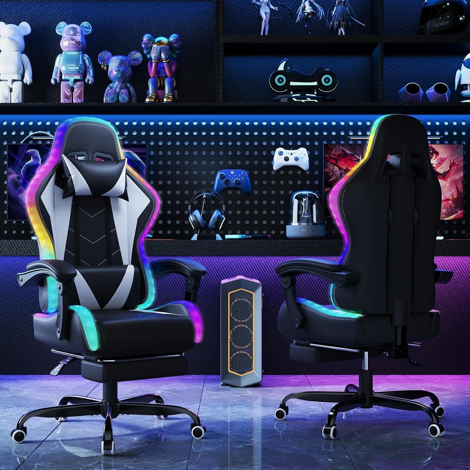 LED Gaming Chair w/ Footrest Massage Reclining RGB White